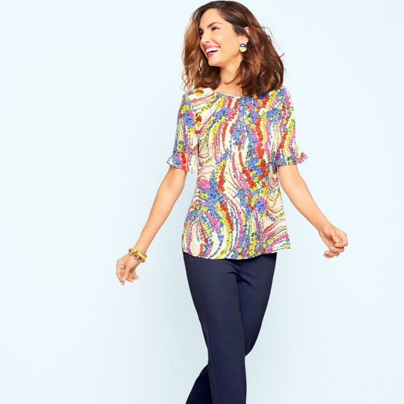 Talbots Petites Women's Ruffle-Short Sleeve Top ~ Swirling Floral ~ MP ~ EUC - Picture 2 of 8